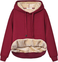 Roter Kapuzenpullover mit Plüschfutter, Kängurutasche, Damenmode, Winterkleidung.