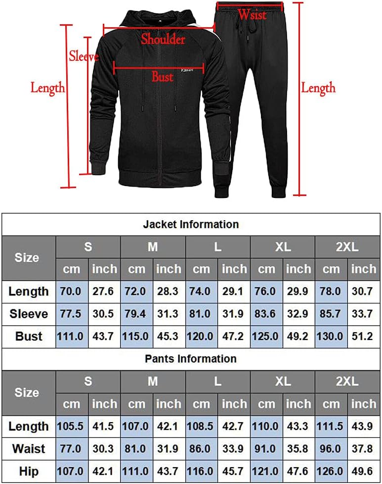 Schwarzer Herren-Trainingsanzug mit Kapuze, Größenangaben, Sportbekleidung, Polyester.