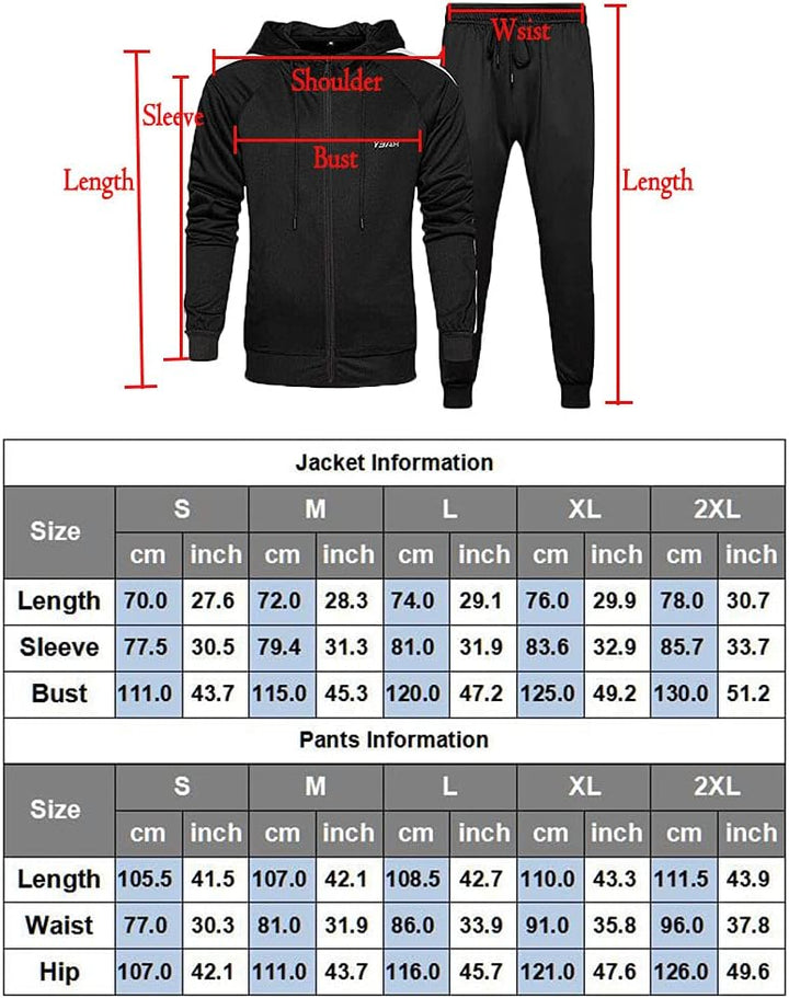Schwarzer Herren-Trainingsanzug mit Kapuze, Größenangaben, Sportbekleidung, Polyester.