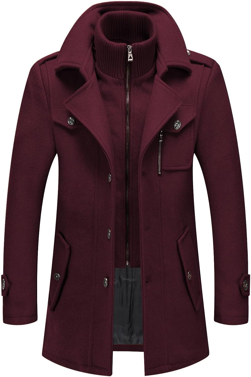 Burgunderroter Herrenmantel, Wollmischung, Reißverschluss, Knöpfe, modisch, warm, Winterjacke.