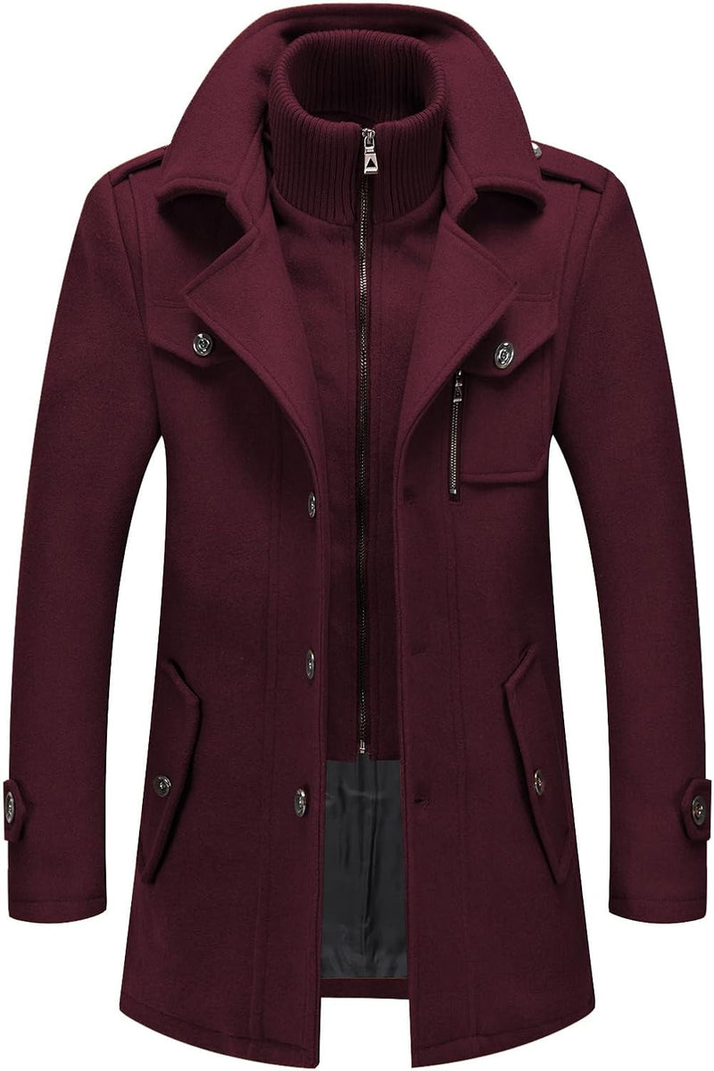 Burgunderroter Herrenmantel, Wollmischung, Reißverschluss, Knöpfe, modisch, warm, Winterjacke.