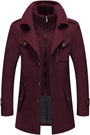 Burgunderroter Herrenmantel, Wollmischung, Reißverschluss, Knöpfe, modisch, warm, Winterjacke.