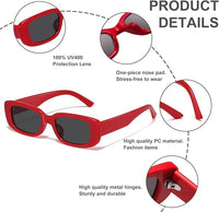 Rote rechteckige Sonnenbrille, UV400-Schutz, PC-Material, modisch, langlebige Metallscharniere.