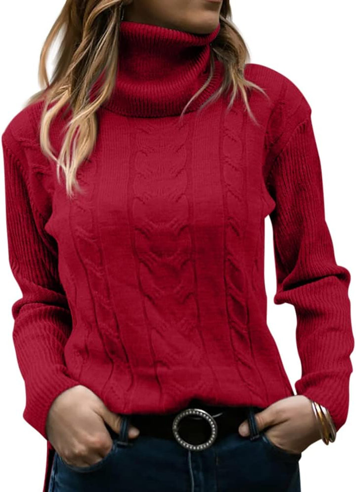 Roter Rollkragenpullover Damen, Strickmuster, Wintermode, warm, elegant, Freizeitkleidung.