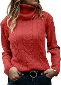 Frau in rotem Rollkragenpullover mit Zopfmuster, lässig, modisch, Herbstmode.