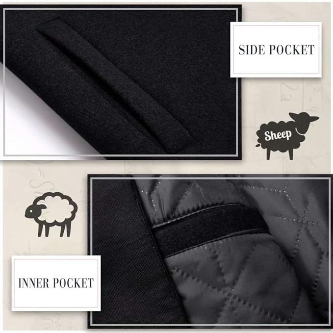 Schwarzer Wollmantel, Seitentasche und Innentasche, Schafwolle, warm, elegant, Herrenmode.