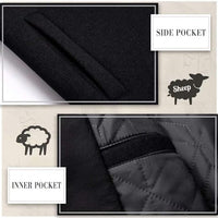 Schwarzer Wollmantel, Seitentasche und Innentasche, Schafwolle, warm, elegant, Herrenmode.