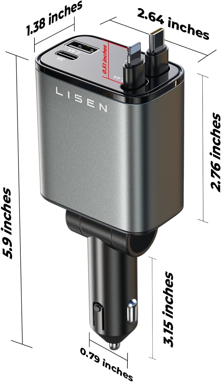 LISEN Autoladegerät, USB-C, schwarz, Schnellladung, kompakt, 12V, Adapter für Autozubehör