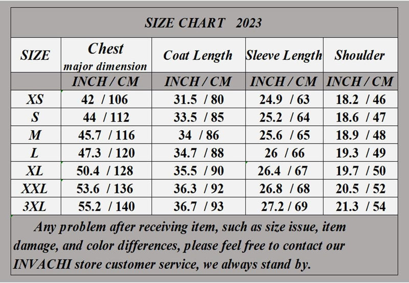 Größentabelle 2023 für Mäntel, Größen XS bis 3XL, Maße in Zoll und cm, Brust, Länge, Ärmel, Schulter.