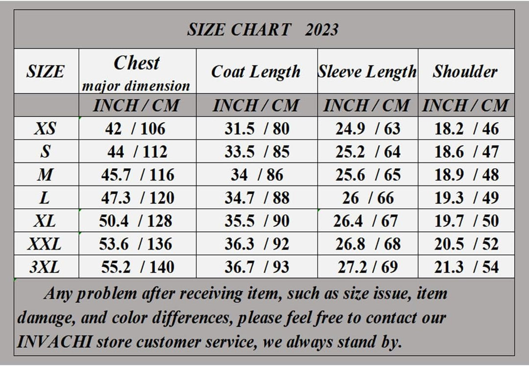 Größentabelle 2023 für Mäntel, Maße in Zoll und cm, XS bis 3XL, Brust, Länge, Ärmel, Schulter.