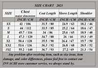 Größentabelle 2023 für Mäntel, Maße in Zoll und cm, XS bis 3XL, Brust, Länge, Ärmel, Schulter.