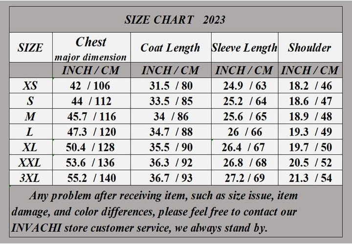 Größentabelle 2023 für Mäntel, Maße in Zoll und cm, XS bis 3XL, Brust, Länge, Ärmel, Schulter.