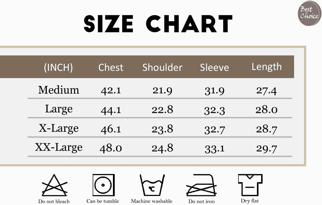 Größentabelle für Hemden, Maße in Zoll, Größen von Medium bis XX-Large, Pflegehinweise.