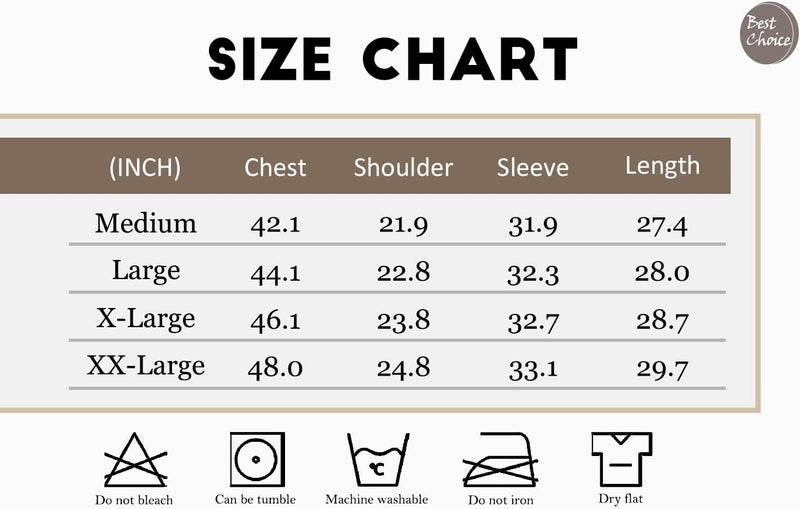 Größentabelle für Hemden, Maße in Zoll, Größen von Medium bis XX-Large, Pflegehinweise.