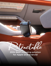 Schwarzes, einziehbares Autoladegerät für Apple und Android, USB-Anschluss, modernes Design.