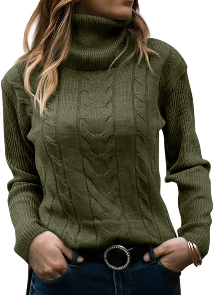 Damen Rollkragenpullover, olivgrün, Zopfmuster, Strick, warm, modisch, Herbstmode.