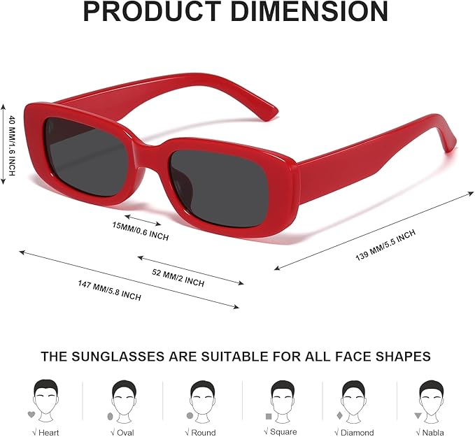 Rote rechteckige Sonnenbrille, Unisex, UV-Schutz, modisch, Kunststoff.