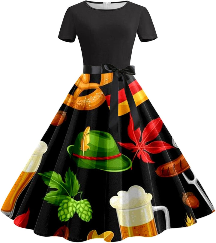 Bierkrug-&-Brezn-Kleid mit Taillenband – Anna Oktoberfest 2025