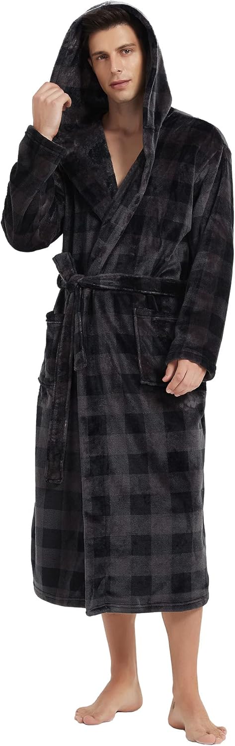 Männer Bademantel mit Kapuze, kariert, schwarz, Fleece, warm, gemütlich, Morgenmantel.