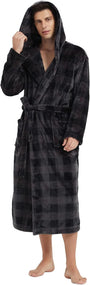 Männer Bademantel mit Kapuze, kariert, schwarz, Fleece, warm, gemütlich, Morgenmantel.
