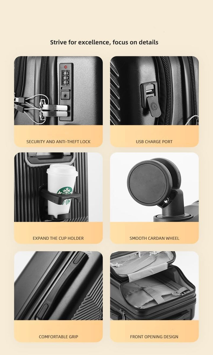 Hartschalen-Handgepäck mit Becherhalter, USB-Anschluss und TSA-Schloss