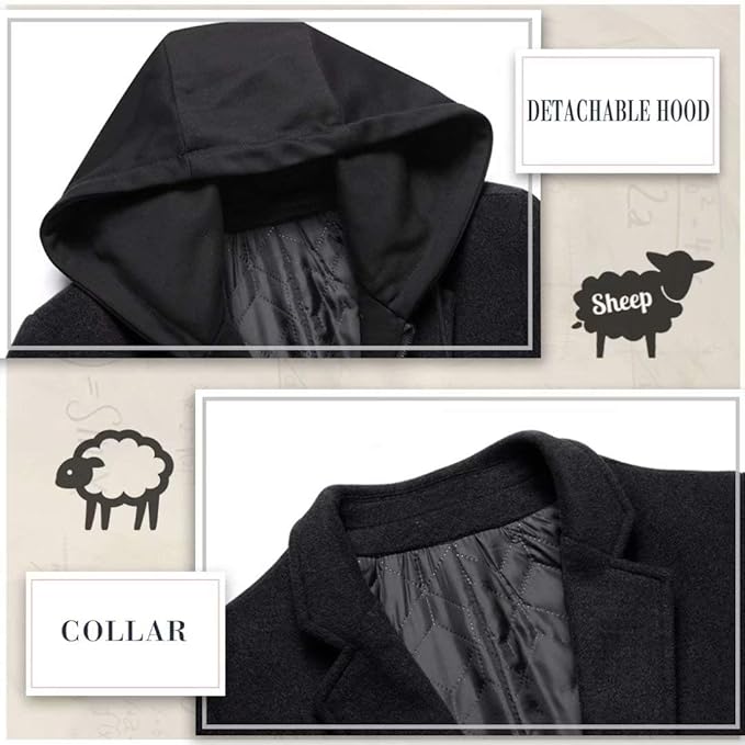 Schwarzer Wollmantel mit abnehmbarer Kapuze, elegantes Design, Herrenmode, Winterbekleidung.