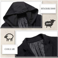 Schwarzer Wollmantel mit abnehmbarer Kapuze, elegantes Design, Herrenmode, Winterbekleidung.