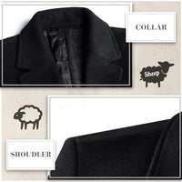 Schwarzer Wollmantel, Herren, eleganter Kragen, Schulterdetail, hochwertige Schafwolle.