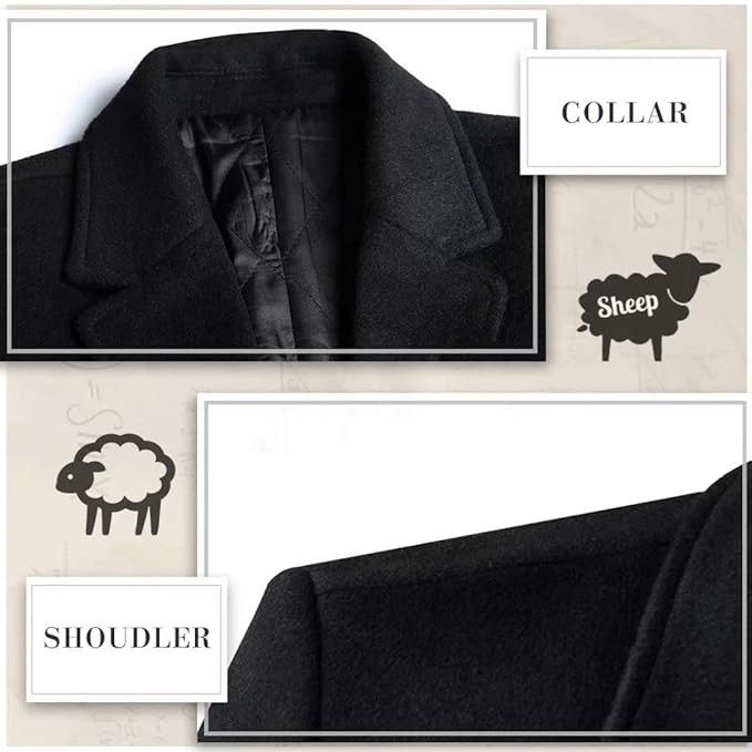 Schwarzer Wollmantel, Herren, eleganter Kragen, Schulterdetail, hochwertige Schafwolle.