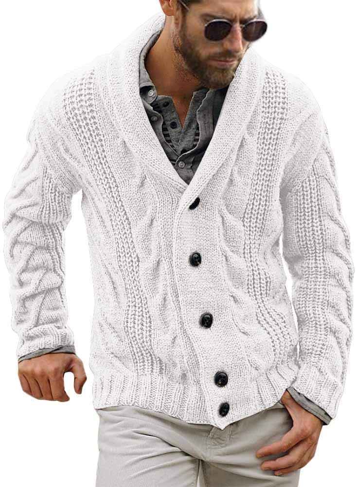 Weißer Strick-Cardigan für Herren, Schalkragen, Knöpfe, Wintermode, lässig, warm, stilvoll.