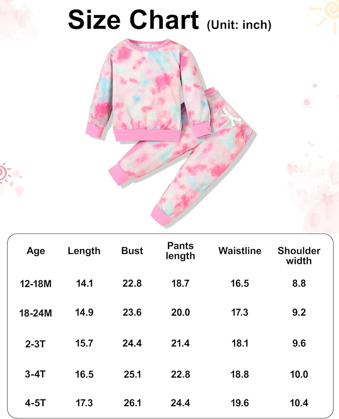 Größentabelle für Kinder-Tie-Dye-Set, rosa-blau, Sweatshirt und Jogginghose, Baumwolle.