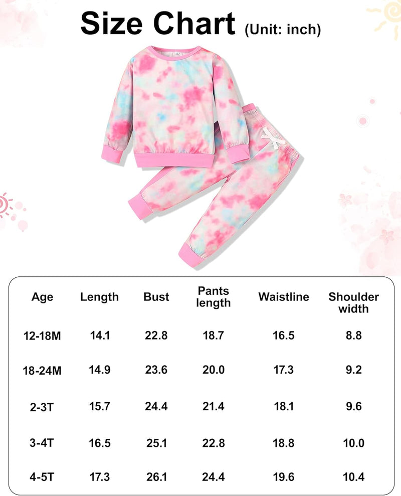 Größentabelle für Kinder-Tie-Dye-Set, rosa-blau, Sweatshirt und Jogginghose, Baumwolle.