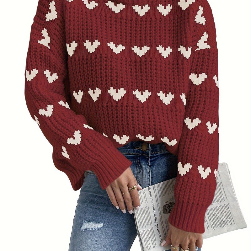 Strickpullover für Damen mit Herzmuster und hohem Kragen – Nola