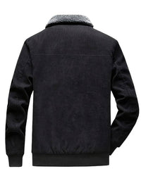 Schwarze Cordjacke mit Kunstfellkragen, Herrenmode, warm, stilvoll, Winterbekleidung.