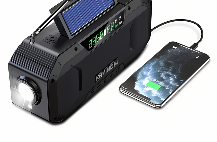Schwarzes Solar-Radio mit Taschenlampe und USB-Ladefunktion, lädt Smartphone, tragbar.