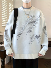 Weißer Strickpullover mit grauem Muster, Herrenmode, lässiger Stil, Baumwolle, Winterkleidung