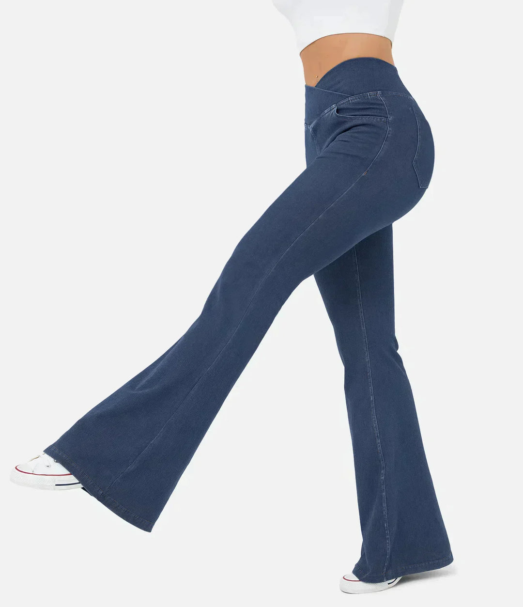 Damen-Schlaghose in Dunkelblau, hohe Taille, Stretch-Denim, modisch, bequem.