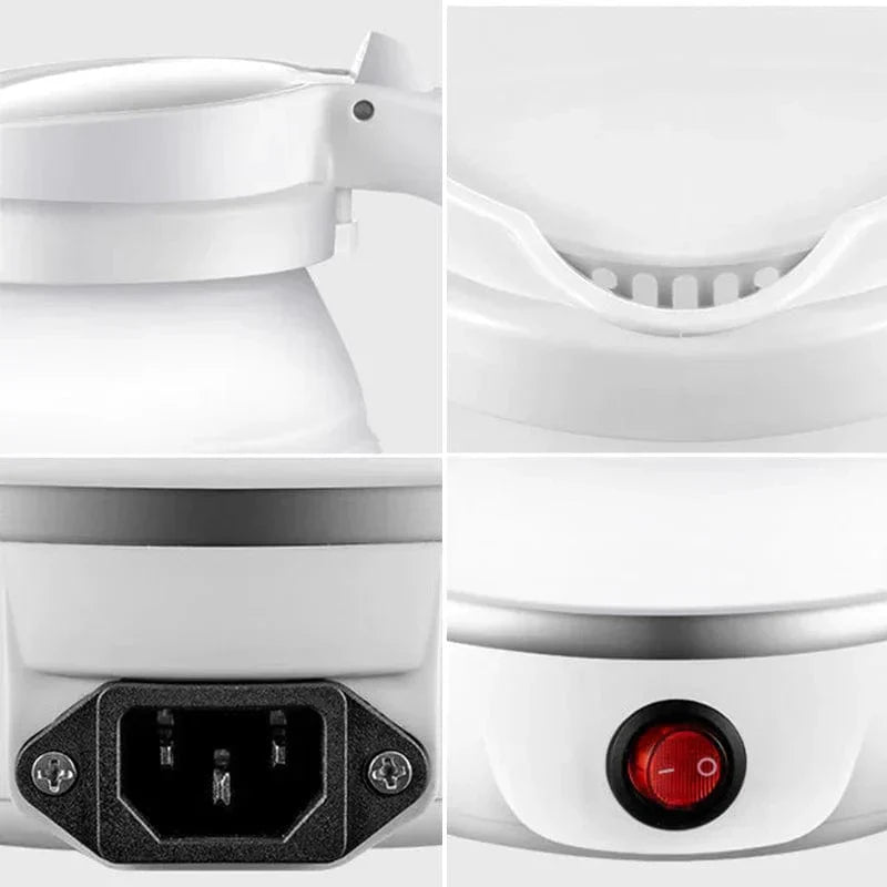 Weißer elektrischer Wasserkocher, Kunststoff, Detailansicht, Ein-/Ausschalter, Stromanschluss.