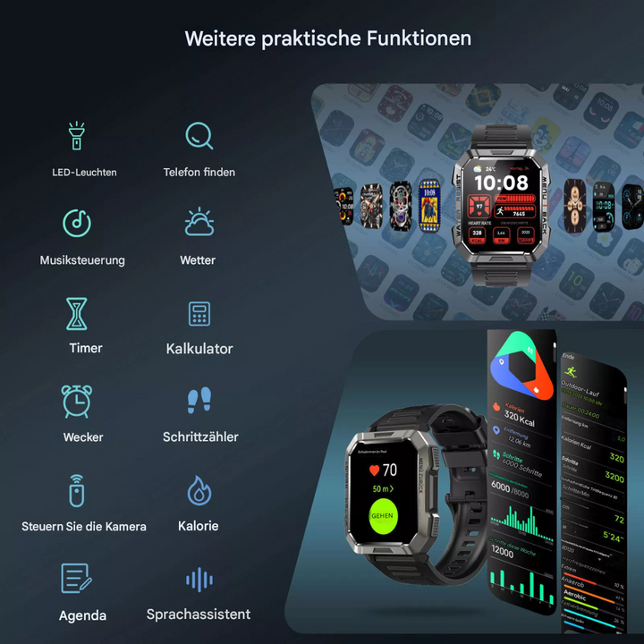 Smartwatch mit Fitness-Tracking, Herzfrequenzanzeige, Kalorienzähler, Sprachassistent, schwarz.