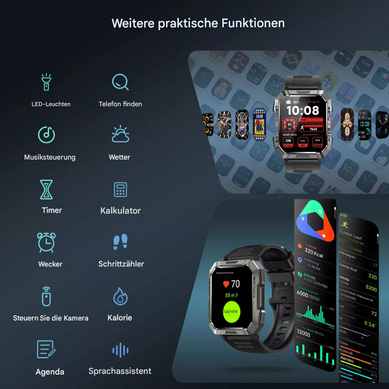 Smartwatch mit Fitness-Tracking, Herzfrequenzanzeige, Kalorienzähler, Sprachassistent, schwarz.