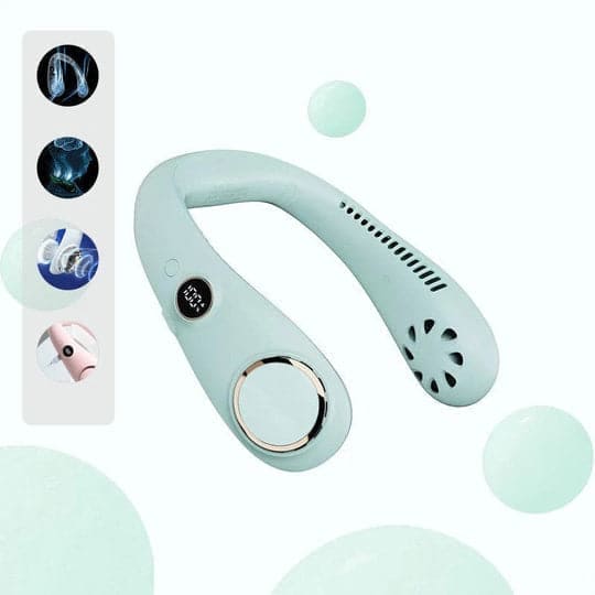 Tragbarer Nackenventilator, mintgrün, USB-aufladbar, leise, für Sommerabkühlung.