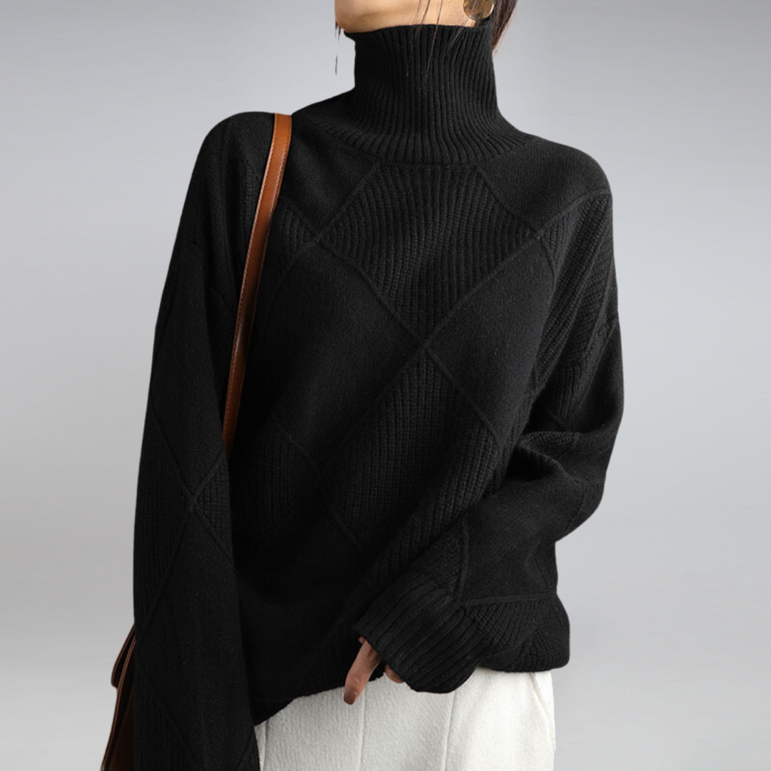 Frau in schwarzem Rollkragenpullover aus Strick, modisch, elegant, Herbstmode, Damenbekleidung.