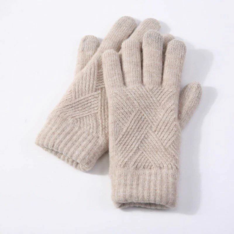 Beige gestrickte Handschuhe aus Wolle, warm und weich, ideal für Winterkleidung.