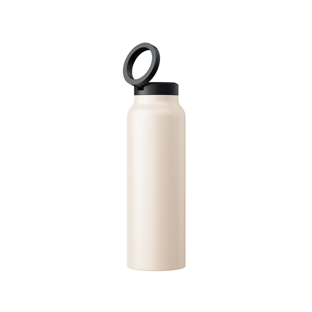 Beige Edelstahl-Wasserflasche mit schwarzem Deckel, wiederverwendbar, umweltfreundlich.