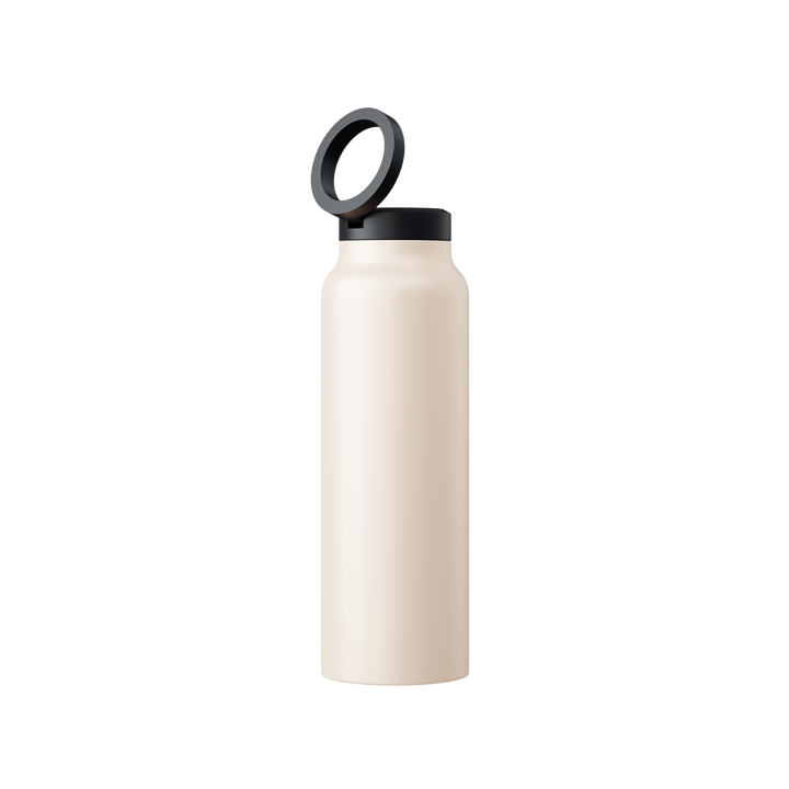 Beige Edelstahl-Wasserflasche mit schwarzem Deckel, wiederverwendbar, umweltfreundlich.
