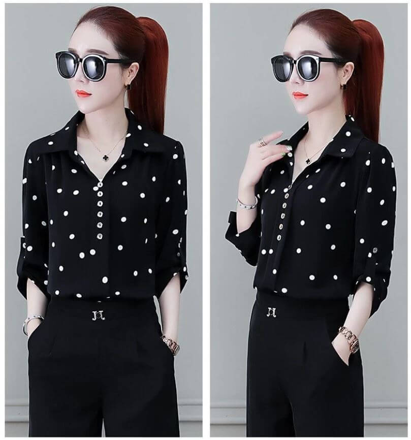 Herbstliche Damen Chiffon Bluse mit Knöpfen & Umschlagkragen – Fenya