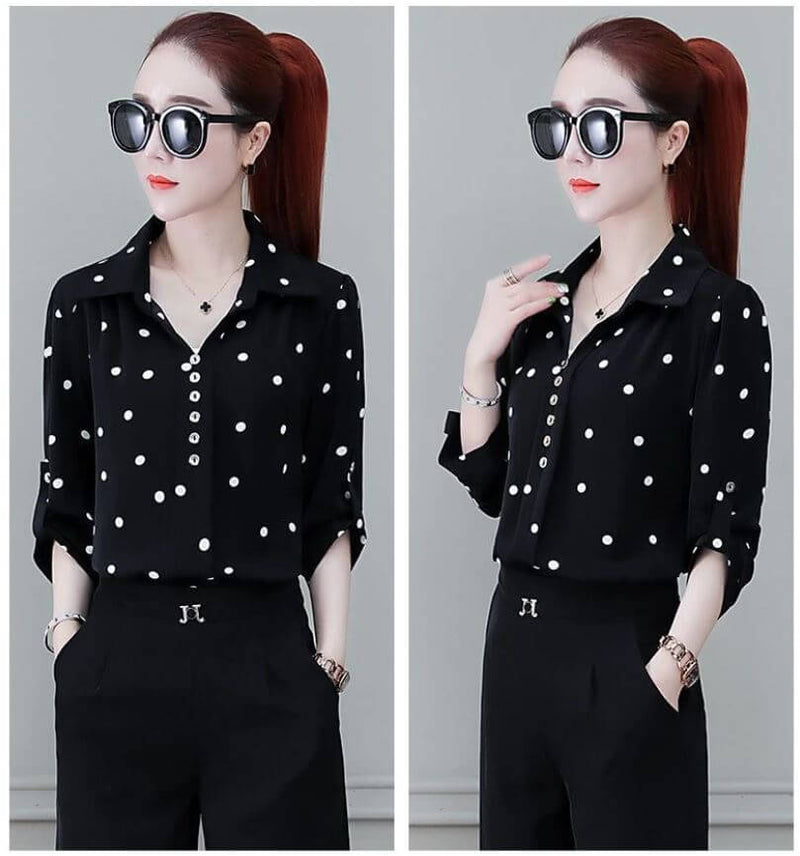 Herbstliche Damen Chiffon Bluse mit Knöpfen & Umschlagkragen – Fenya