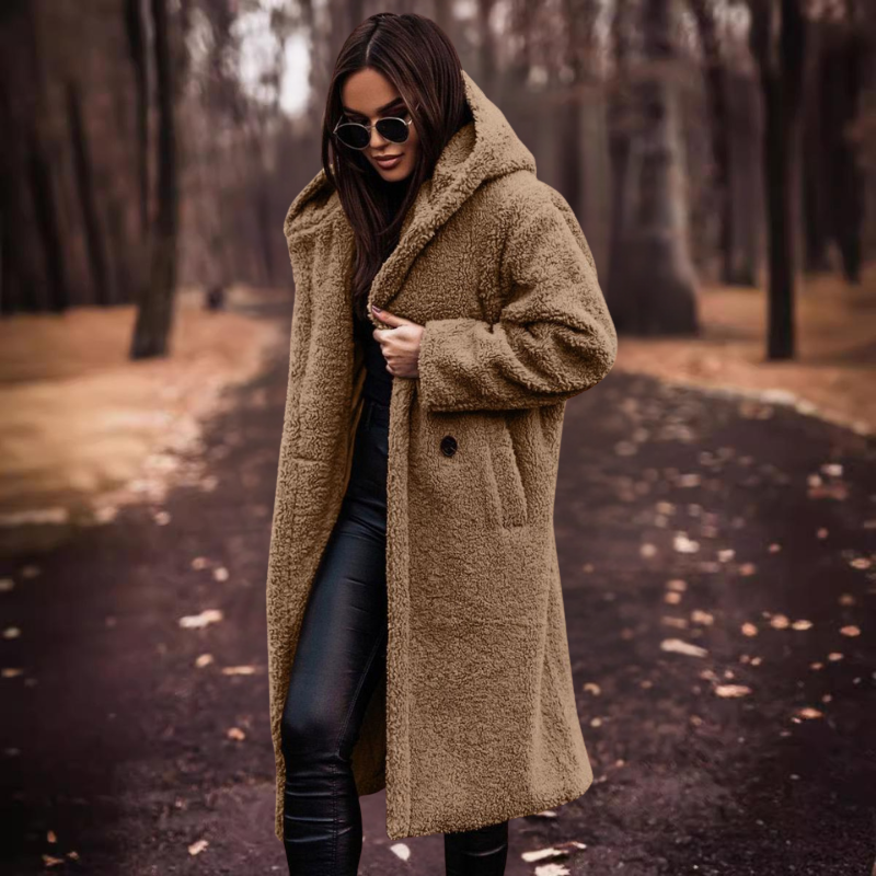 Langer Damen Teddy Mantel mit Kapuze – Maren