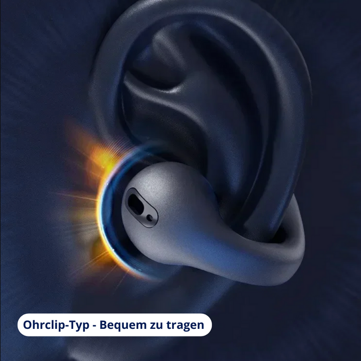 Ohrclip-Kopfhörer, ergonomisch, schwarz, bequem, kabellos, modernes Design, für Sport geeignet.