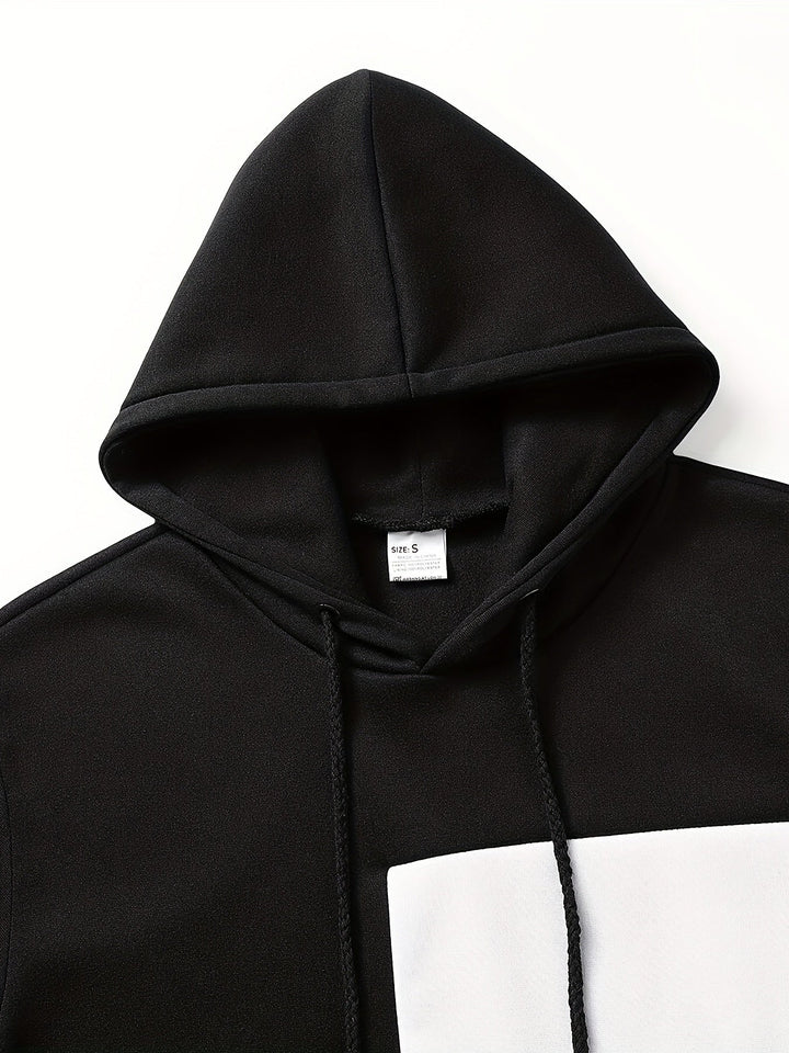Schwarzer Kapuzenpullover mit weißem Quadrat, Unisex, Baumwolle, Größe S, modisch, bequem.